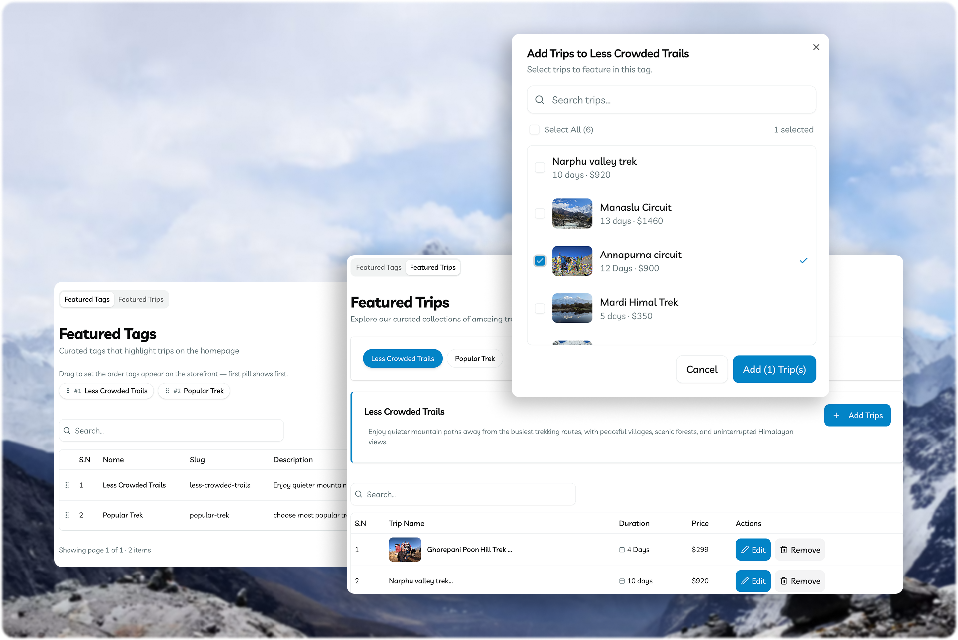 Featured trips section in a TripEleven website
