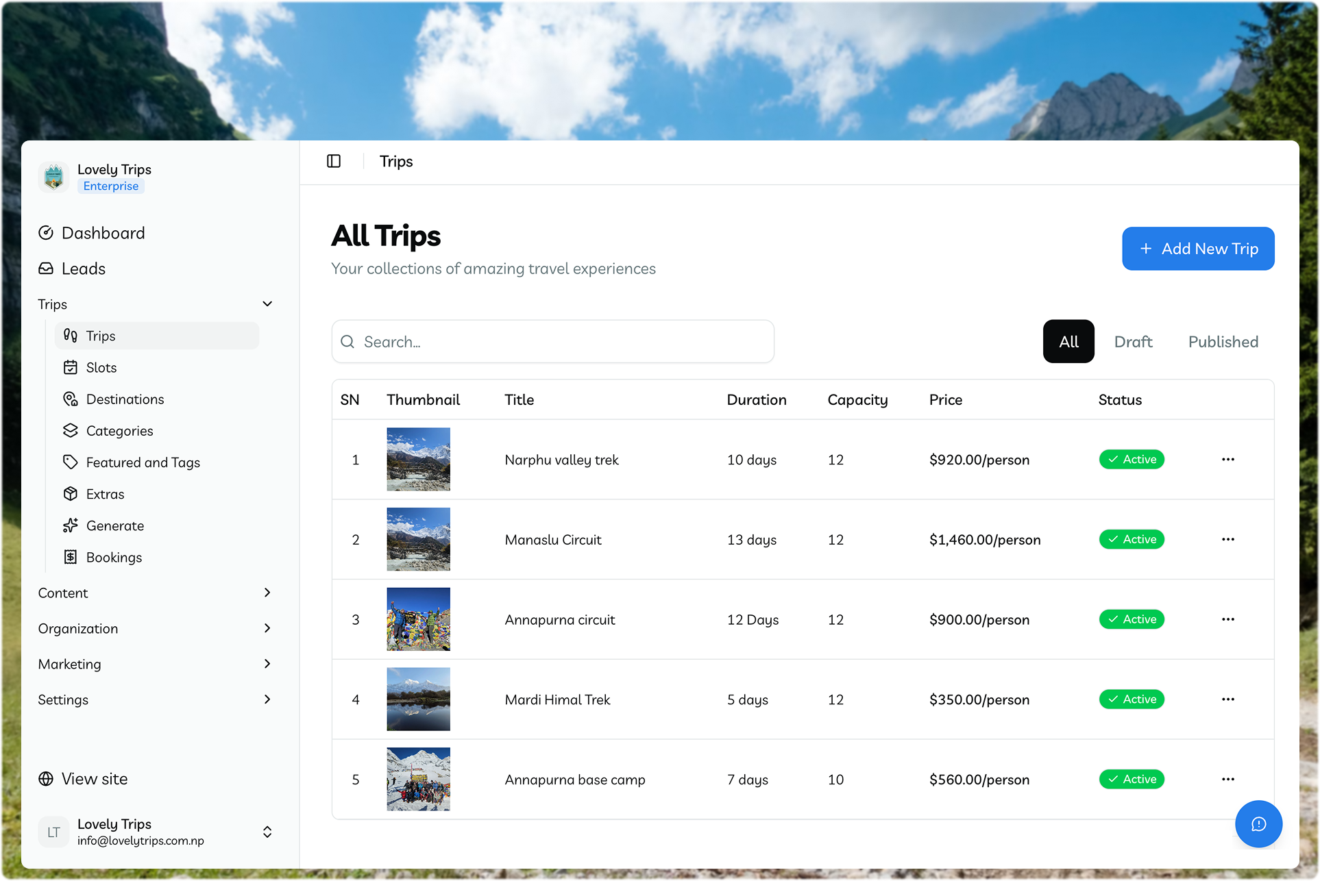 TripEleven dashboard for managing trips, bookings and website content