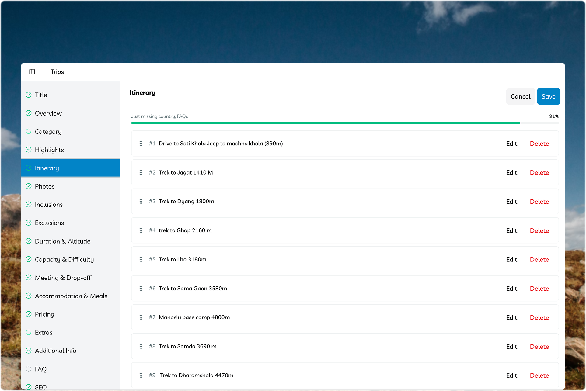 TripEleven itinerary editor for tour and trekking packages